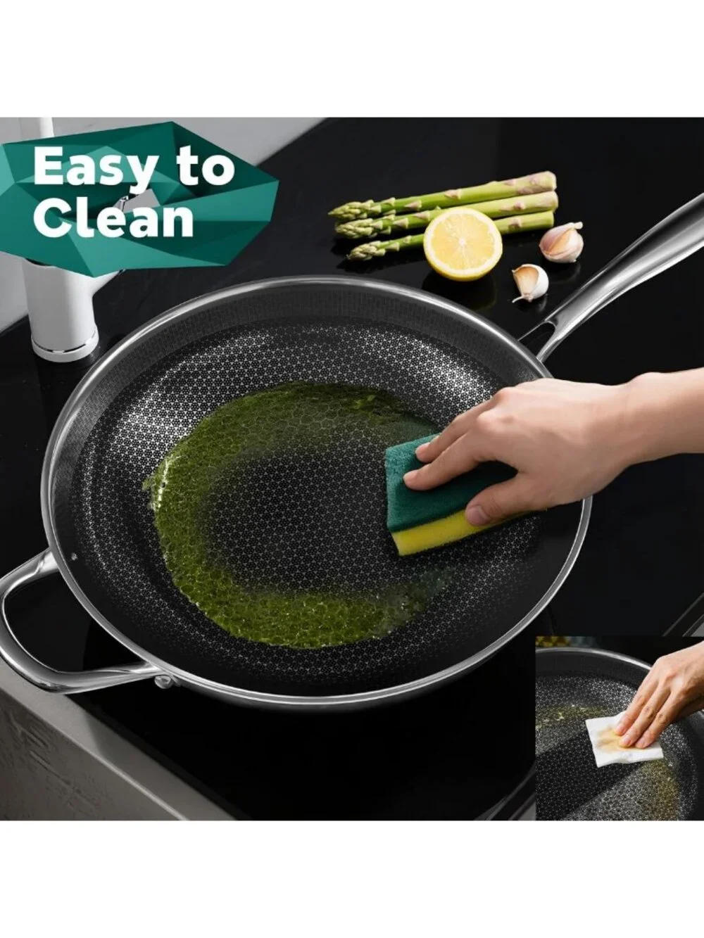 13-Inch Nonstick Stainless Steel Wok Pan with Lid for All Stoves, PFOA Free